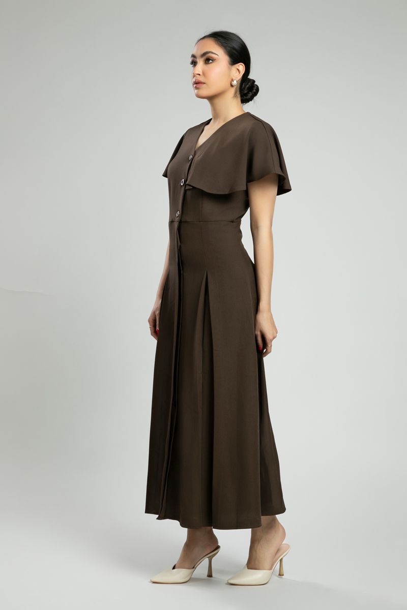 فستان ماكسي بأكمام كاب وأزرار أمامية