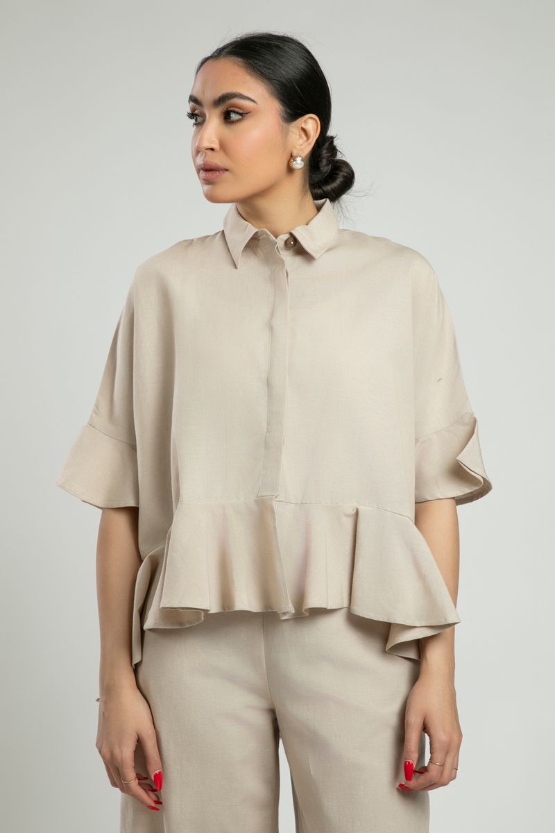 Ruffled Hem Shirt with Short Sleeves