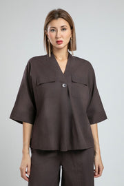 Three Quarter Sleeve Summer Blouse with V Neck