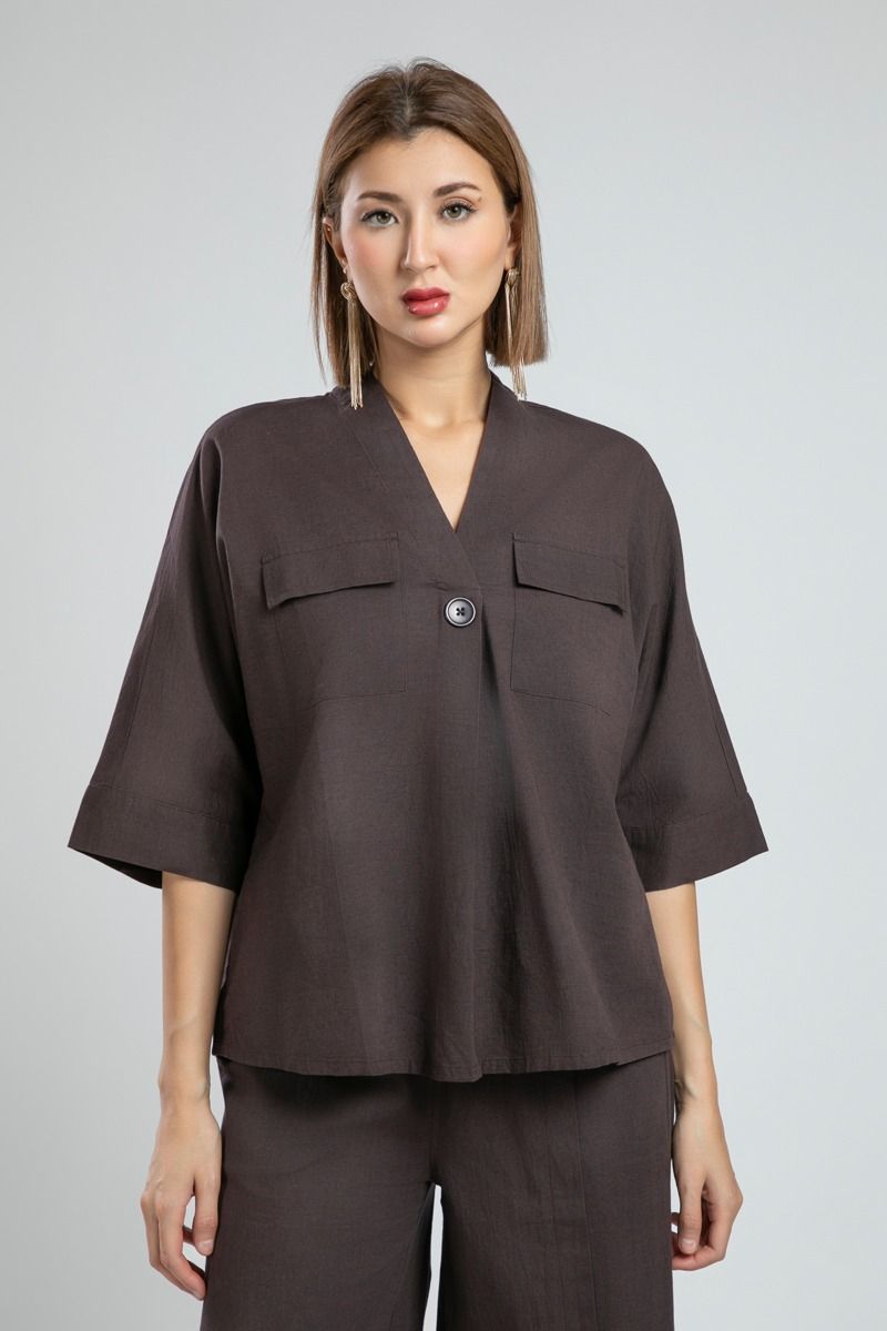 Three Quarter Sleeve Summer Blouse with V Neck