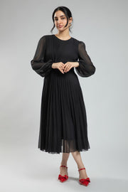 Women's Long Sleeve Feminine Longline Dress - Solid Color Chiffon, Full Pleats