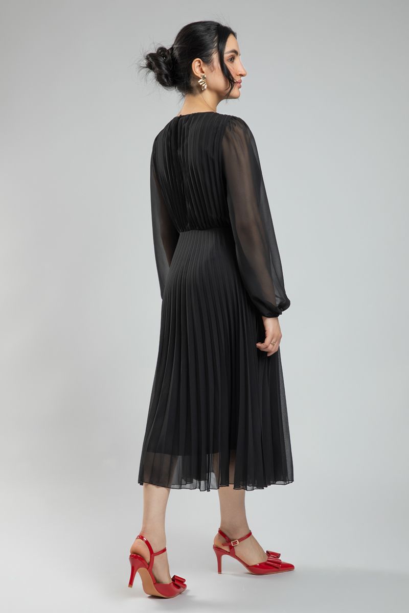 Women's Long Sleeve Feminine Longline Dress - Solid Color Chiffon, Full Pleats