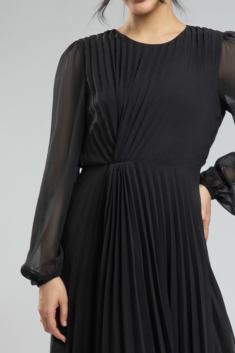 Women's Long Sleeve Feminine Longline Dress - Solid Color Chiffon, Full Pleats