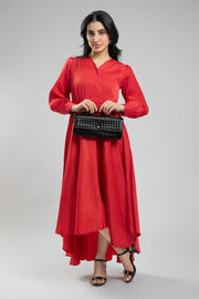 فستان نسائي ساتان طويل بأكمام طويلة - قصة غير متساوية ونقشة ناعمة