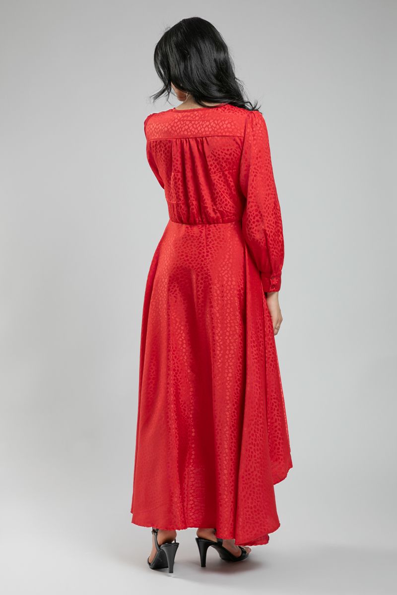 فستان نسائي ساتان طويل بأكمام طويلة - قصة غير متساوية ونقشة ناعمة