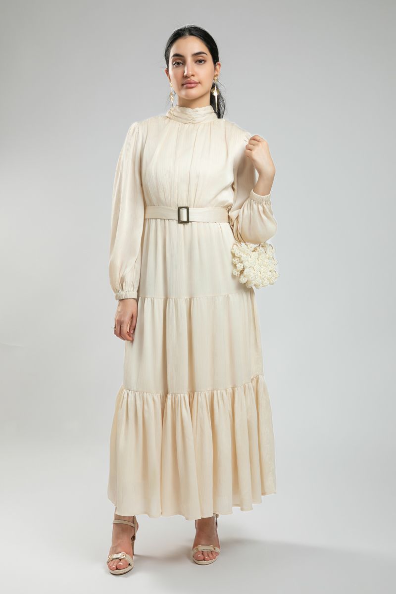 فستان نسائي ماكسي أنيق بأكمام طويلة - تصميم بطبقات وقماش منقوش مع حزام