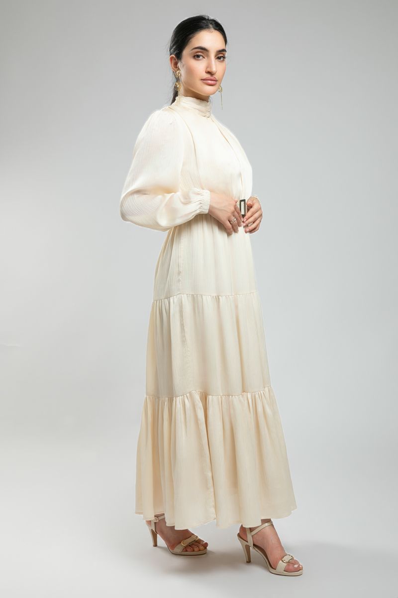 فستان نسائي ماكسي أنيق بأكمام طويلة - تصميم بطبقات وقماش منقوش مع حزام