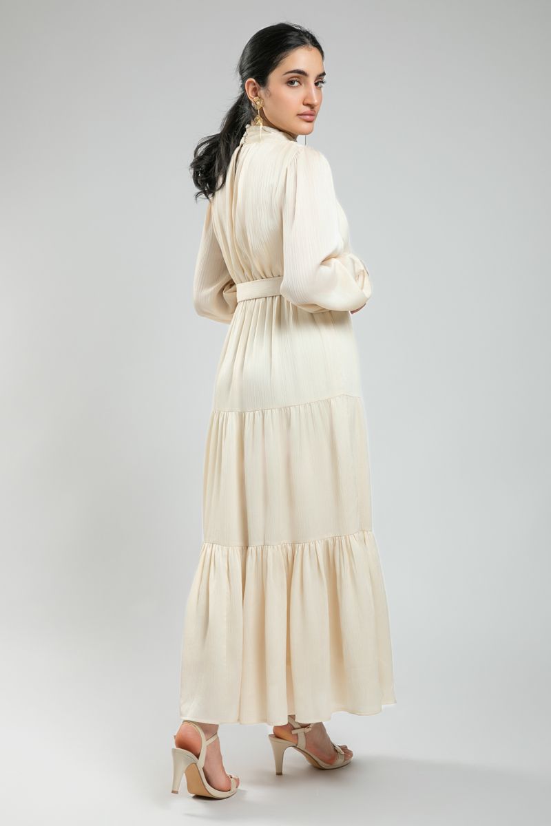 فستان نسائي ماكسي أنيق بأكمام طويلة - تصميم بطبقات وقماش منقوش مع حزام