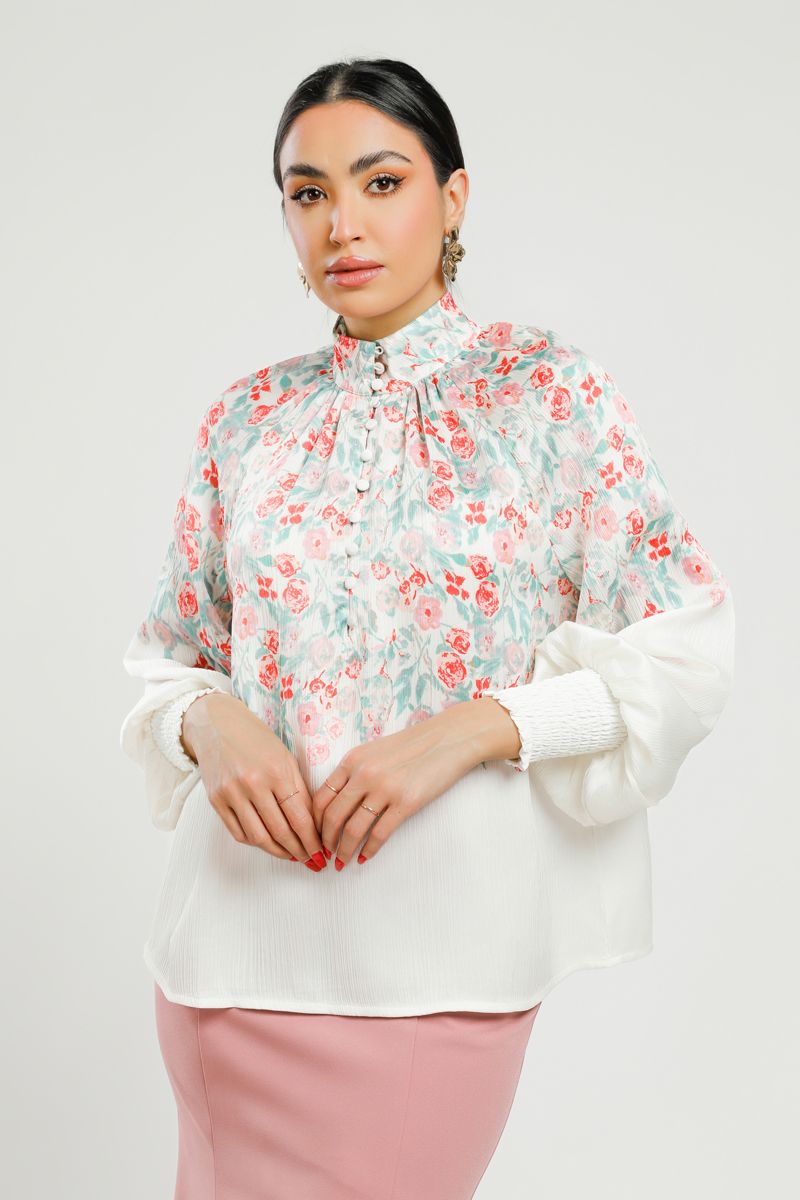 High Neck Blouse with Floral Print and Shirred Cuffs