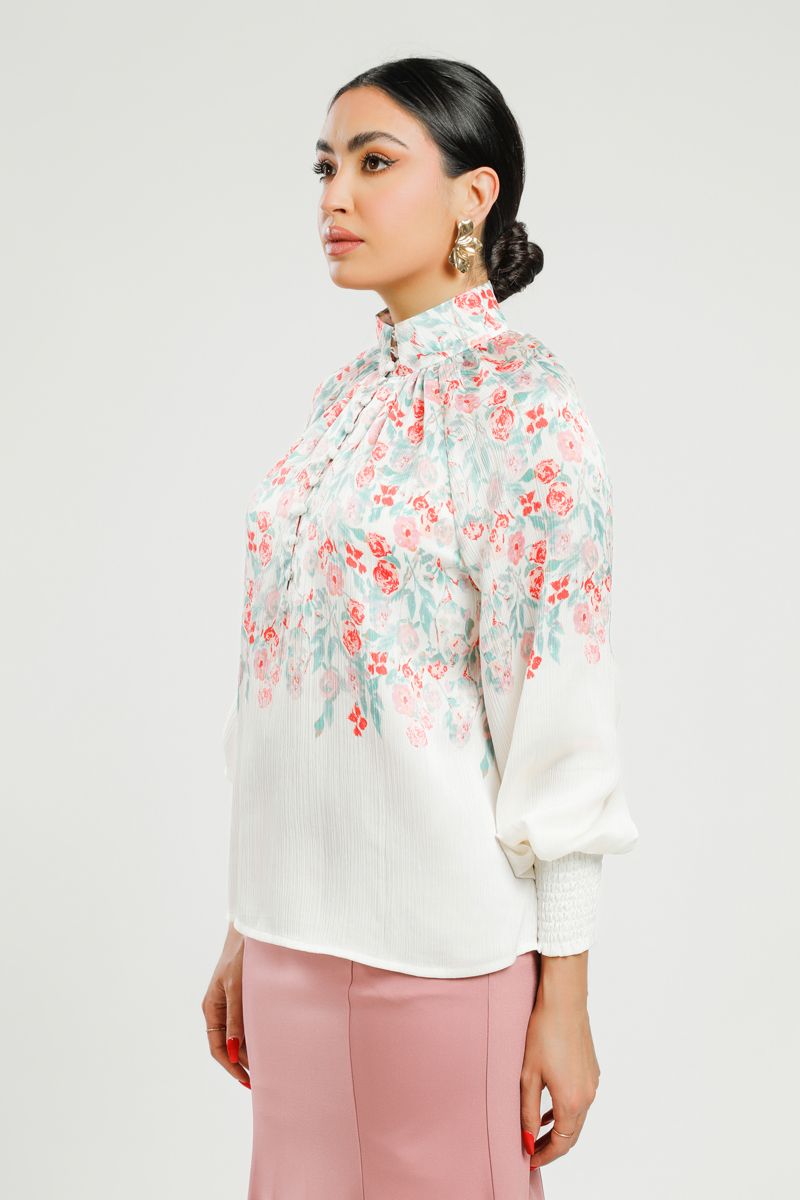 High Neck Blouse with Floral Print and Shirred Cuffs