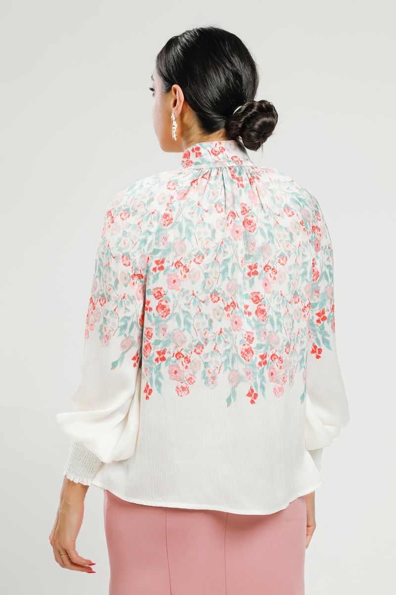 High Neck Blouse with Floral Print and Shirred Cuffs