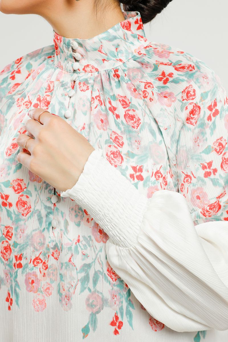 High Neck Blouse with Floral Print and Shirred Cuffs