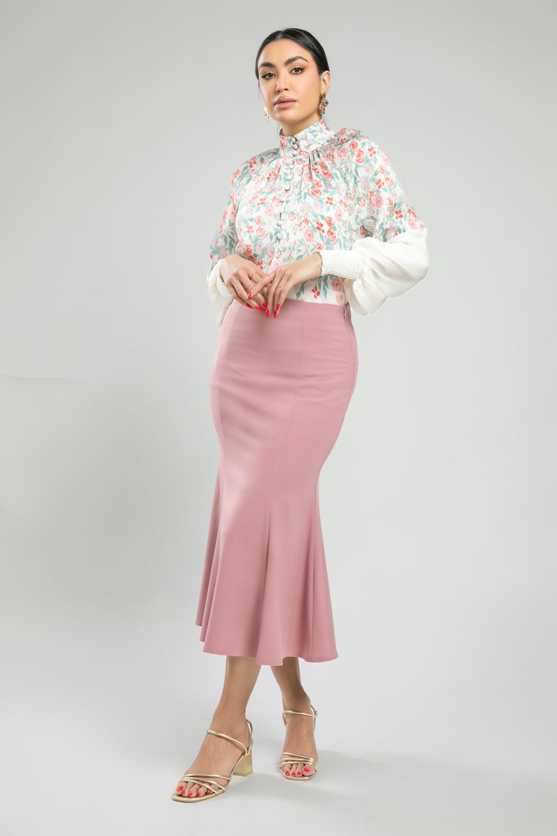 High Neck Blouse with Floral Print and Shirred Cuffs