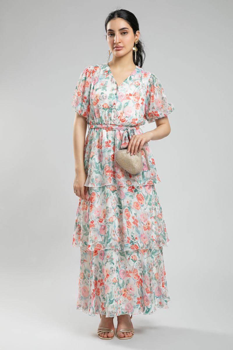 فستان نسائي ماكسي بنقشة زهور - بأكمام قصيرة منتفخة وكشكش طبقات