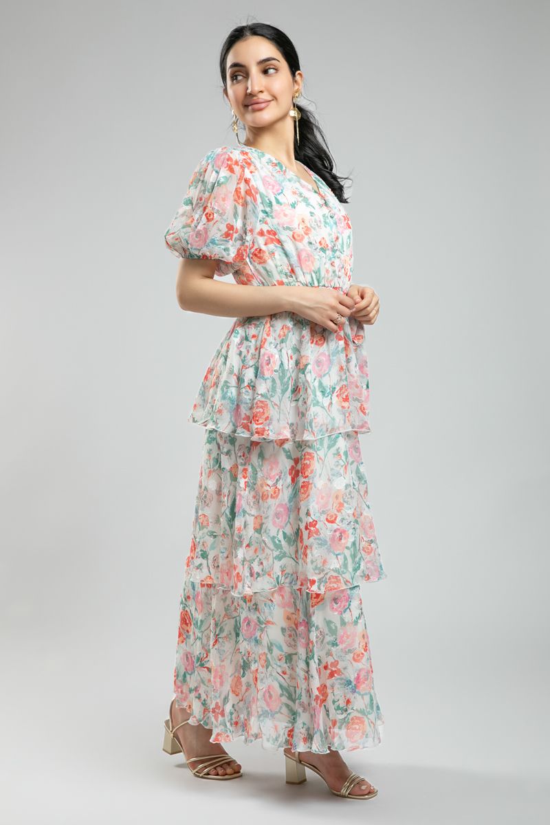 فستان نسائي ماكسي بنقشة زهور - بأكمام قصيرة منتفخة وكشكش طبقات
