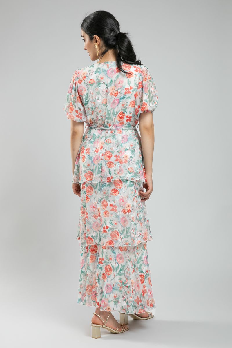 فستان نسائي ماكسي بنقشة زهور - بأكمام قصيرة منتفخة وكشكش طبقات