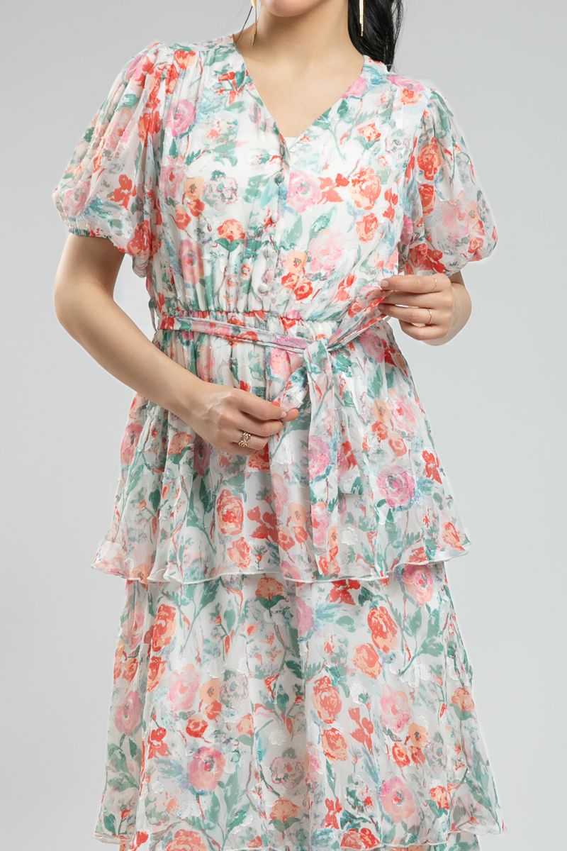 فستان نسائي ماكسي بنقشة زهور - بأكمام قصيرة منتفخة وكشكش طبقات