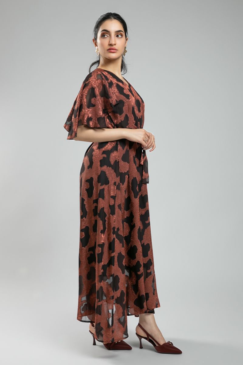 Women's Feminine Maxi Dress - Textured Fabric with Chiffon Spots