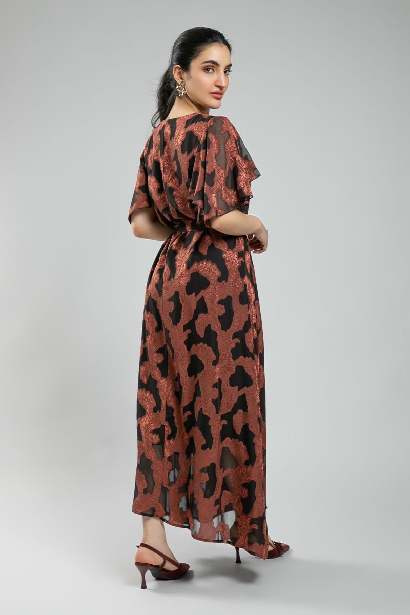 Women's Feminine Maxi Dress - Textured Fabric with Chiffon Spots