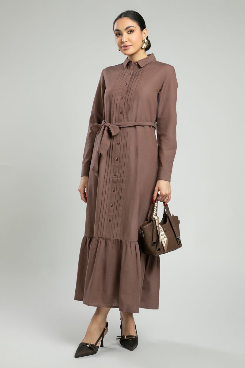 Shirt Dress with Belt and Embroidered Pleats