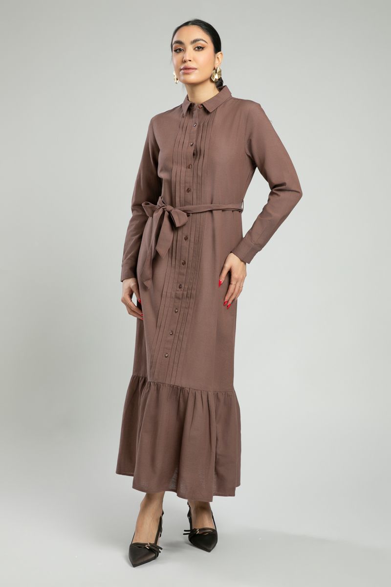 Shirt Dress with Belt and Embroidered Pleats