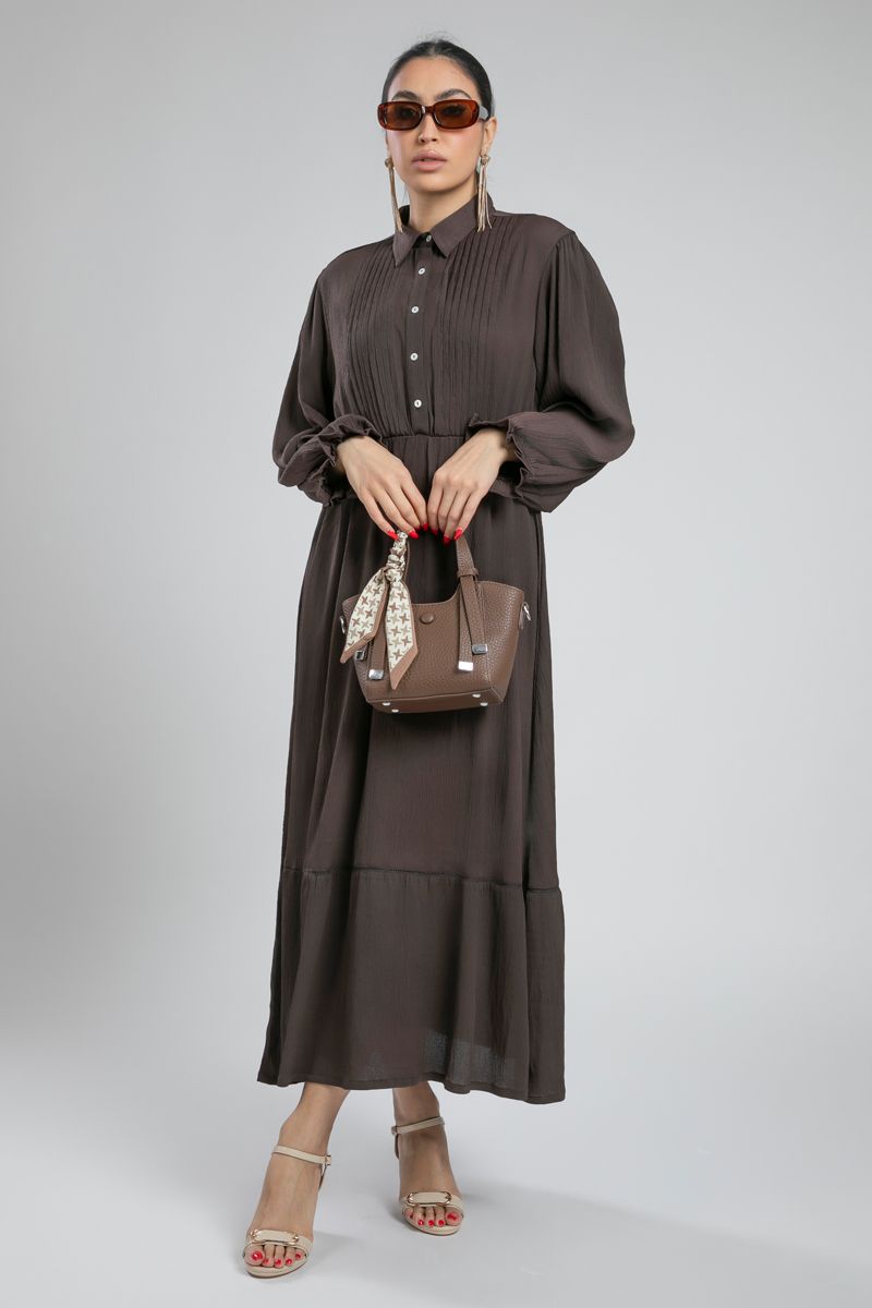 Pleated Front Maxi Shirt Dress