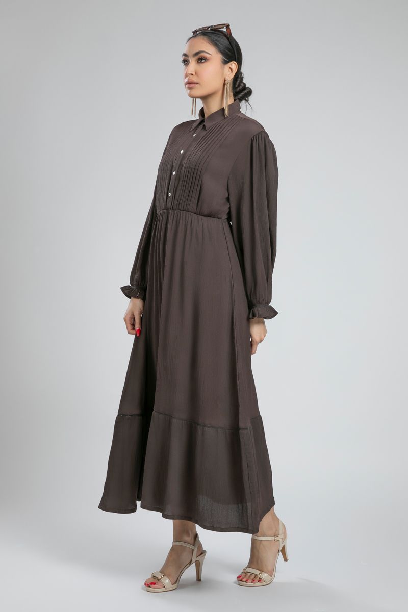 Pleated Front Maxi Shirt Dress