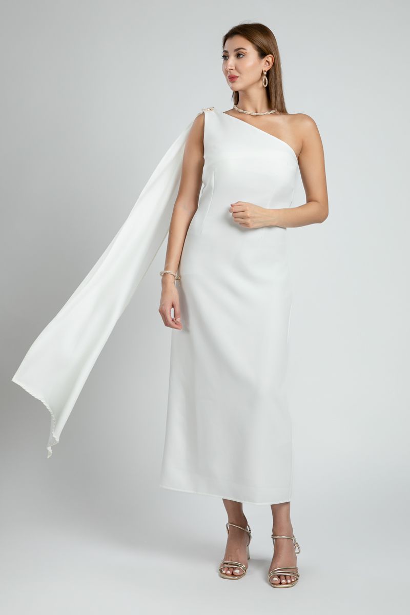 One Shoulder Evening Dress with Shawl Detail