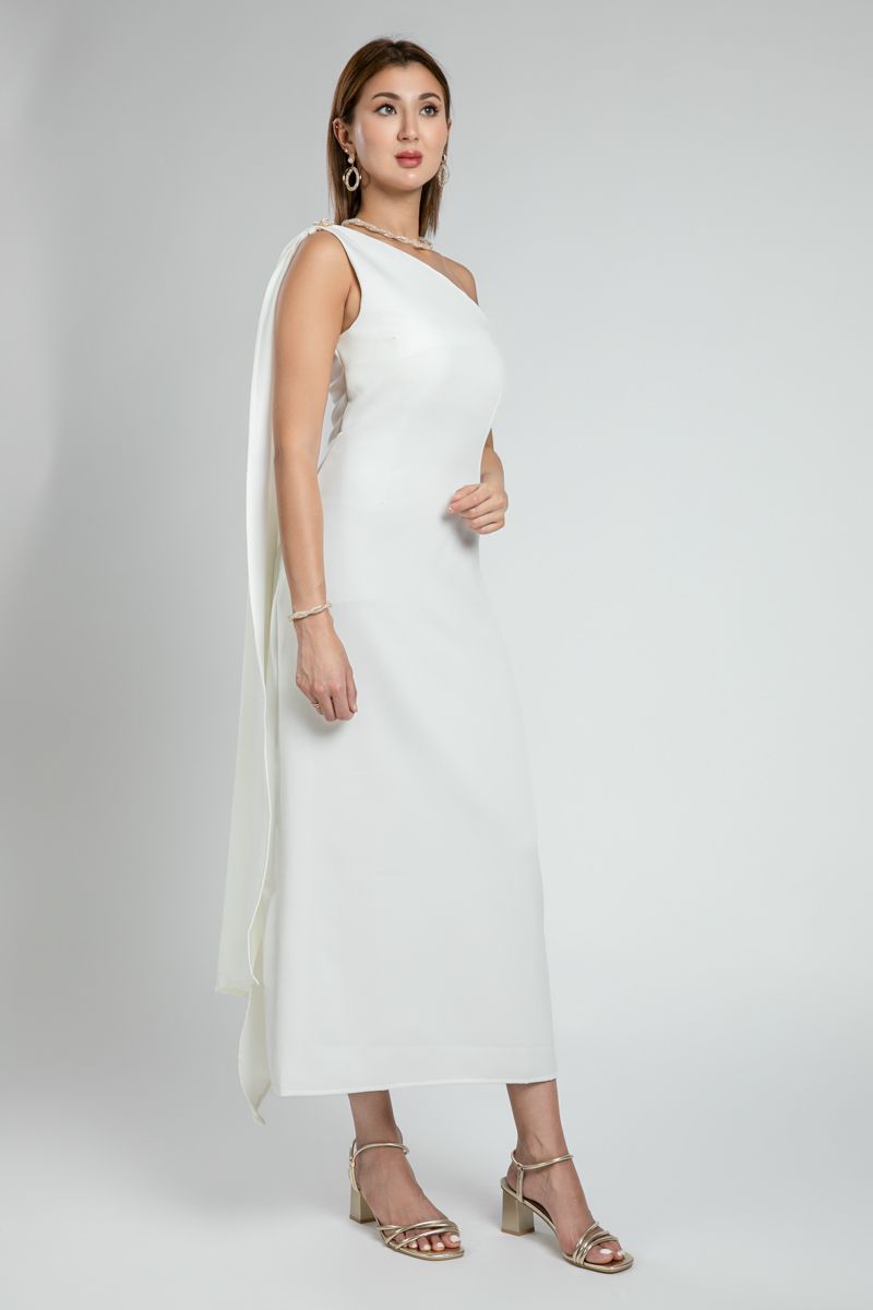 One Shoulder Evening Dress with Shawl Detail