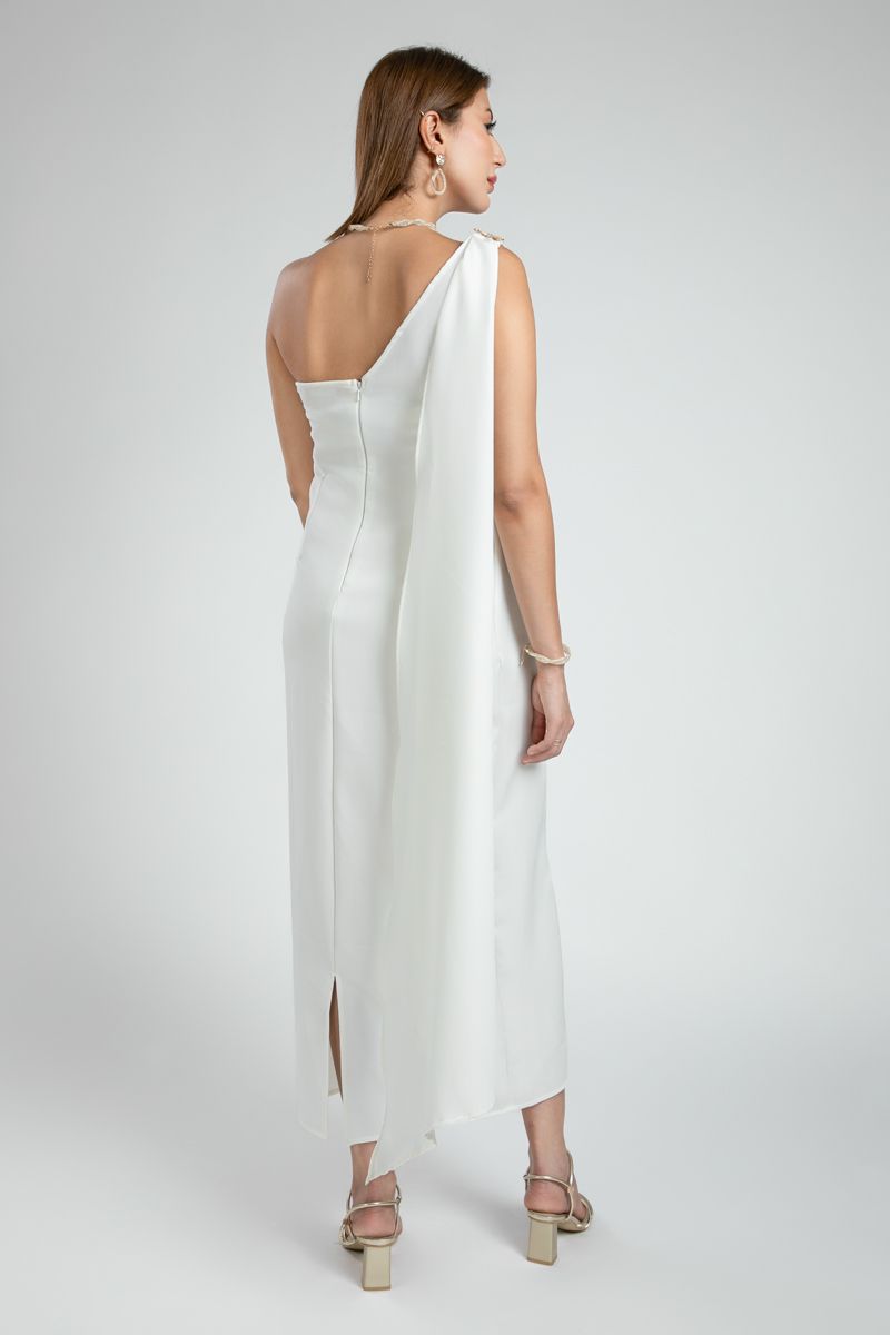 One Shoulder Evening Dress with Shawl Detail