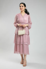 Women's Feminine Long Sleeve Midi Dress - Layered Ruffles & Soft All Over Printed Fabric