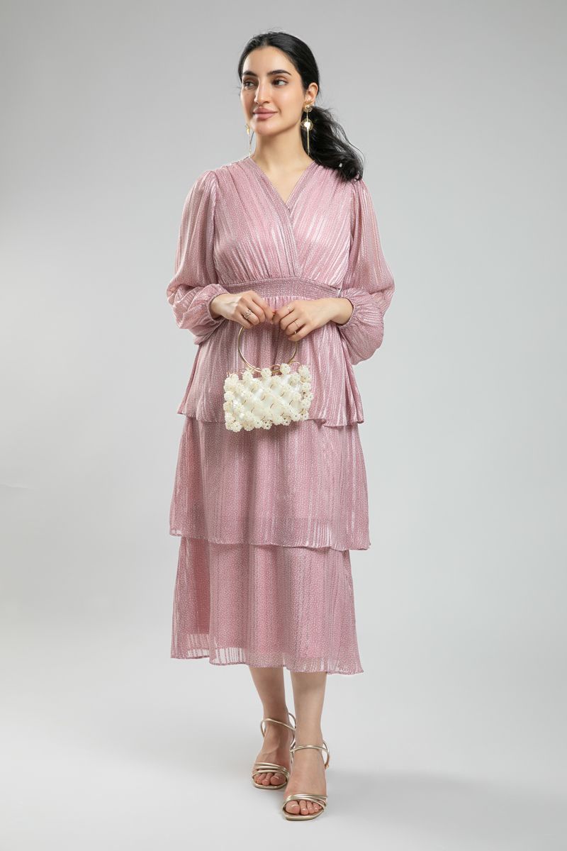 Women's Feminine Long Sleeve Midi Dress - Layered Ruffles & Soft All Over Printed Fabric