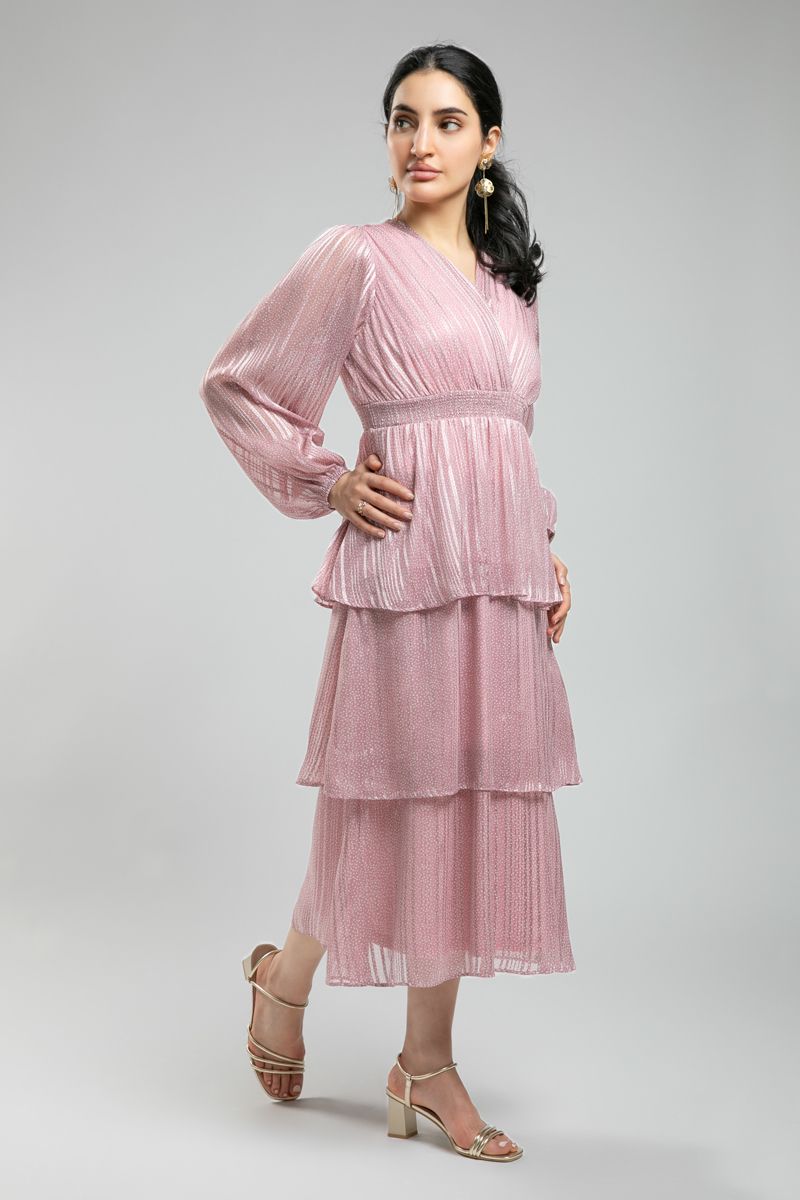 Women's Feminine Long Sleeve Midi Dress - Layered Ruffles & Soft All Over Printed Fabric