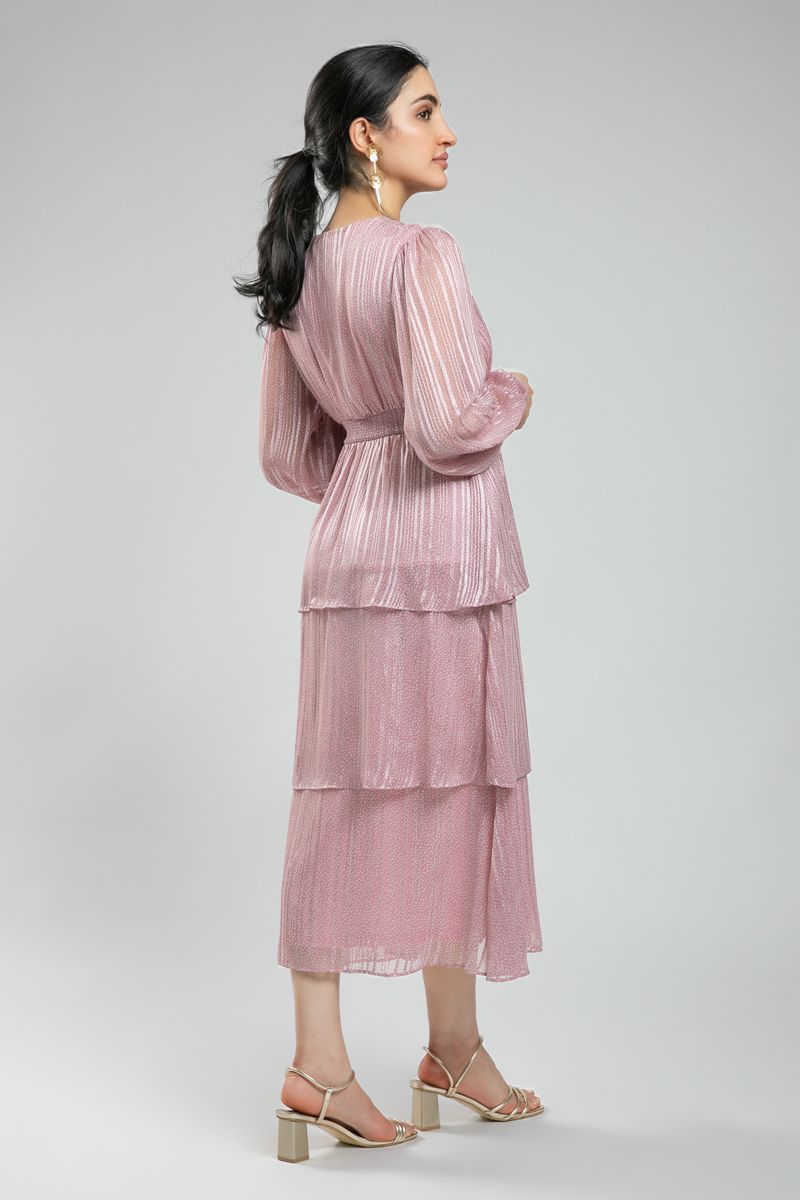 Women's Feminine Long Sleeve Midi Dress - Layered Ruffles & Soft All Over Printed Fabric