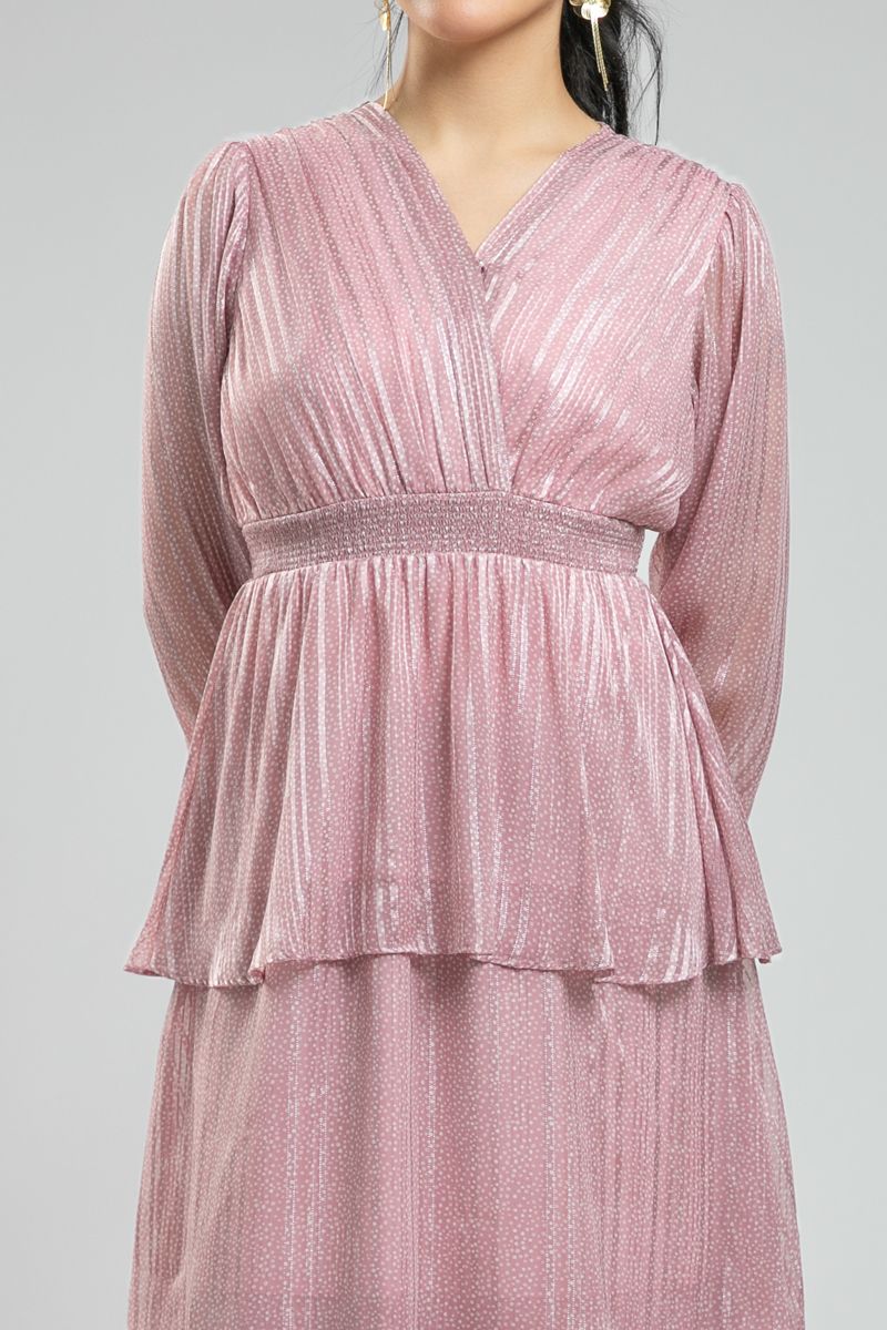 Women's Feminine Long Sleeve Midi Dress - Layered Ruffles & Soft All Over Printed Fabric