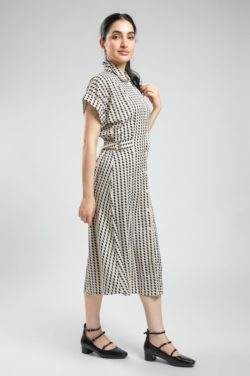 Women's Short Sleeve Midi Shirt Dress - Full Printed Pattern