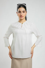Women's Long Sleeve Blouse - Solid Color, Front Pleats, Sleeve Slits