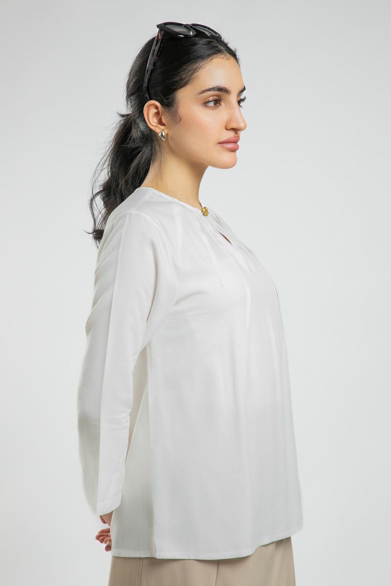 Women's Long Sleeve Blouse - Solid Color, Front Pleats, Sleeve Slits