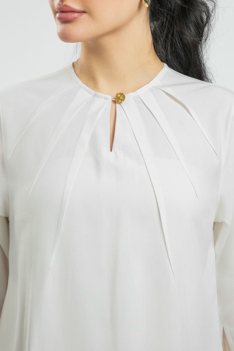 Women's Long Sleeve Blouse - Solid Color, Front Pleats, Sleeve Slits