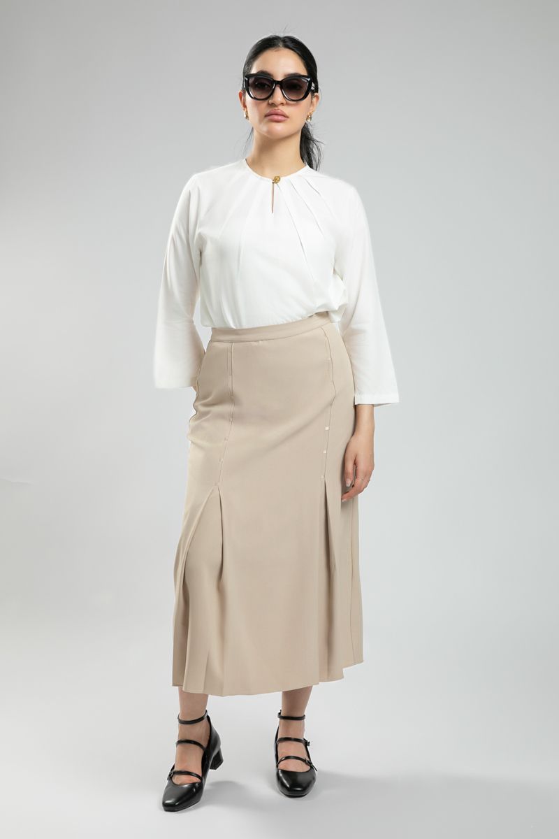 Women's Long Sleeve Blouse - Solid Color, Front Pleats, Sleeve Slits