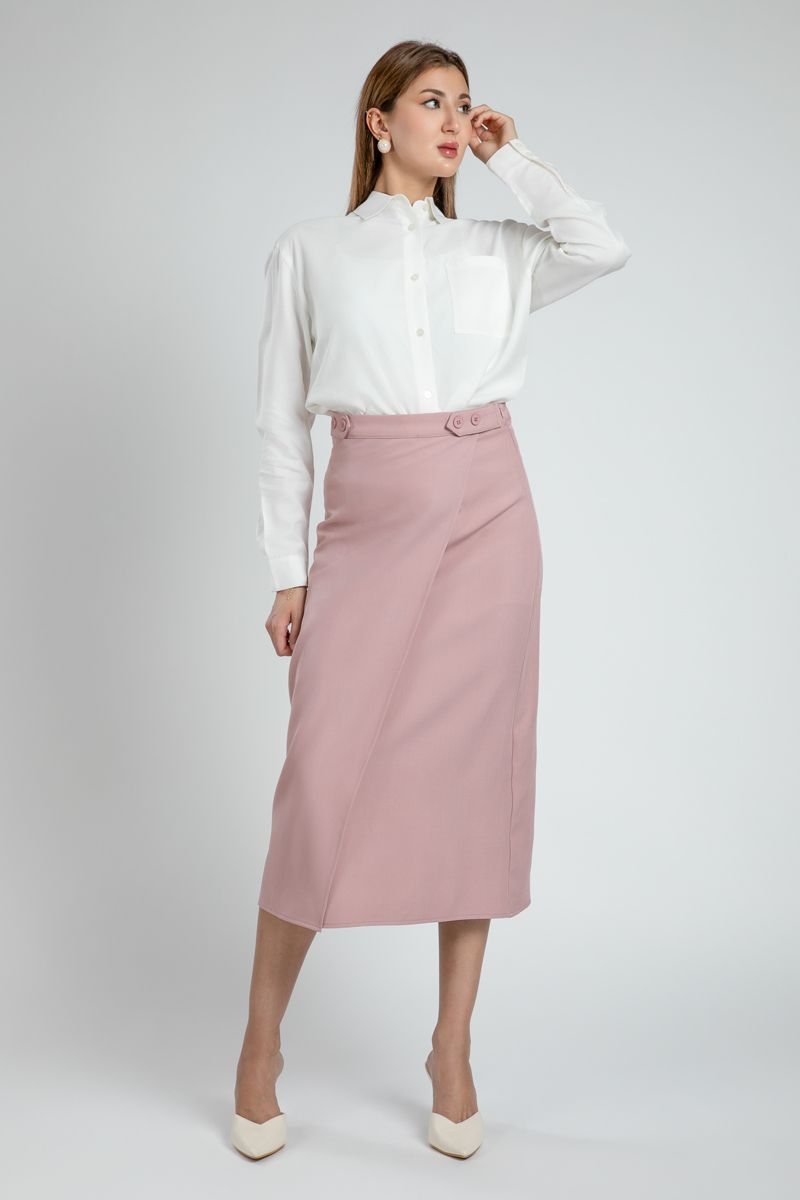 Fitted Wrap Midi Skirt with Waist Buttons