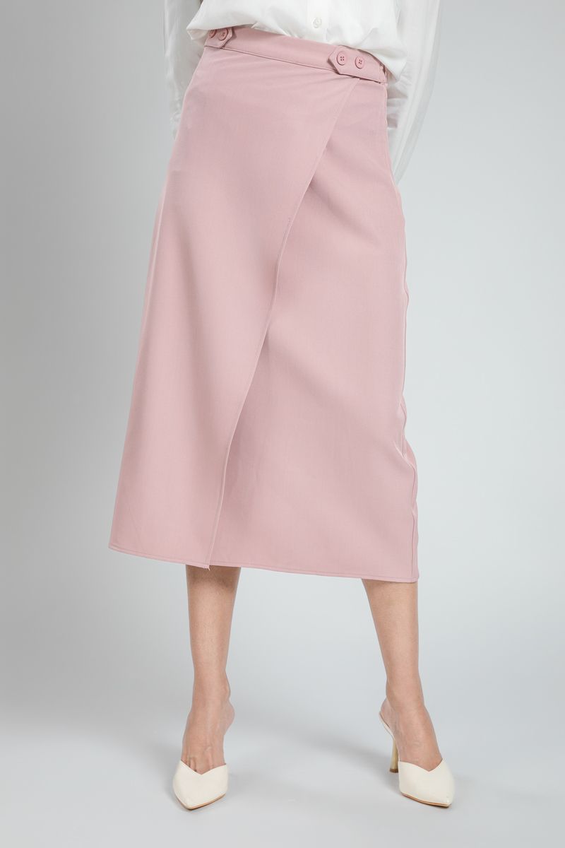 Fitted Wrap Midi Skirt with Waist Buttons