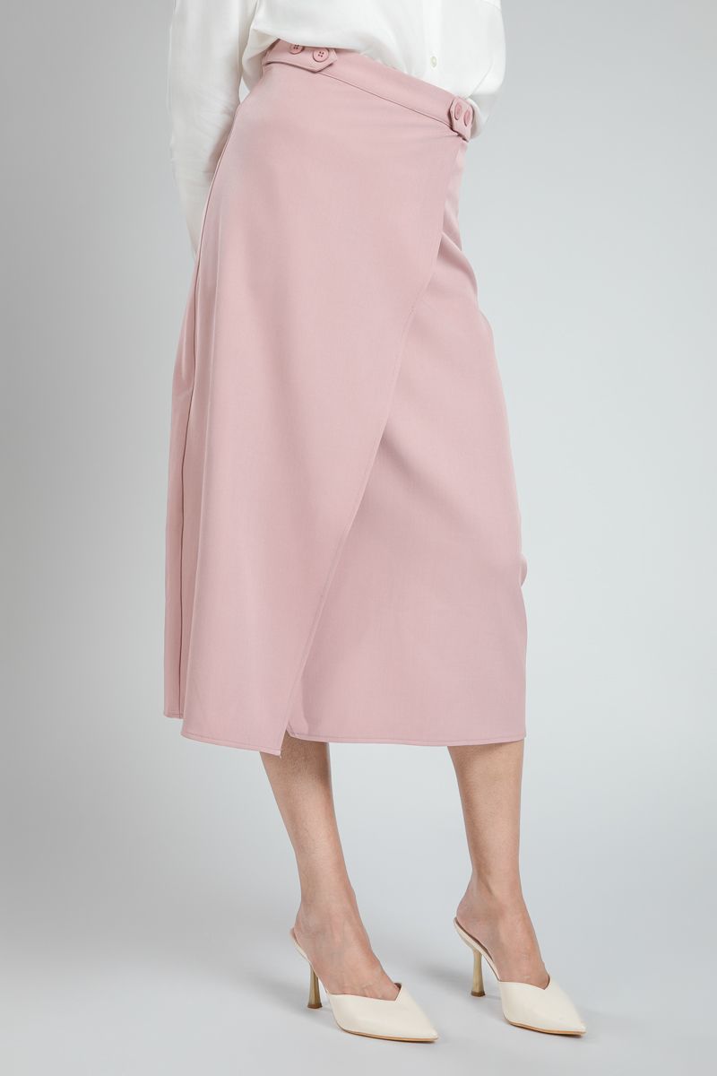 Fitted Wrap Midi Skirt with Waist Buttons