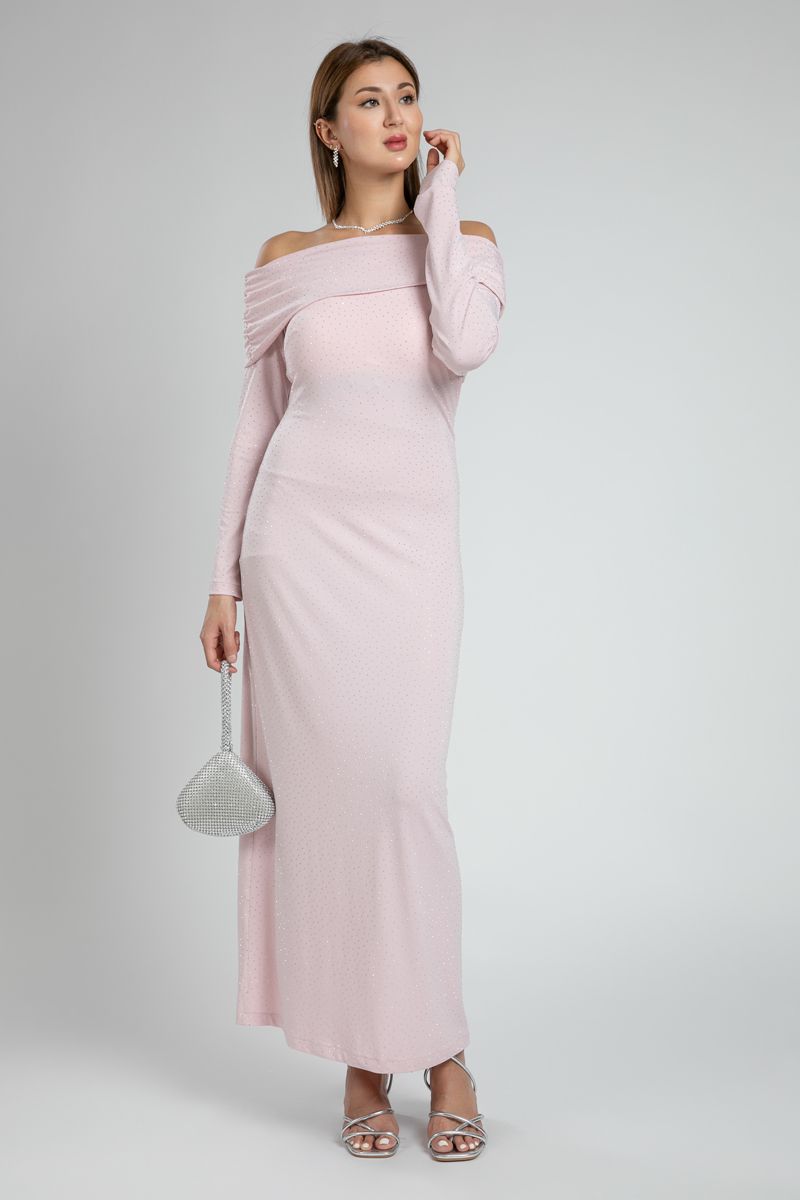 Off Shoulder Evening Maxi Dress with Rhinestones
