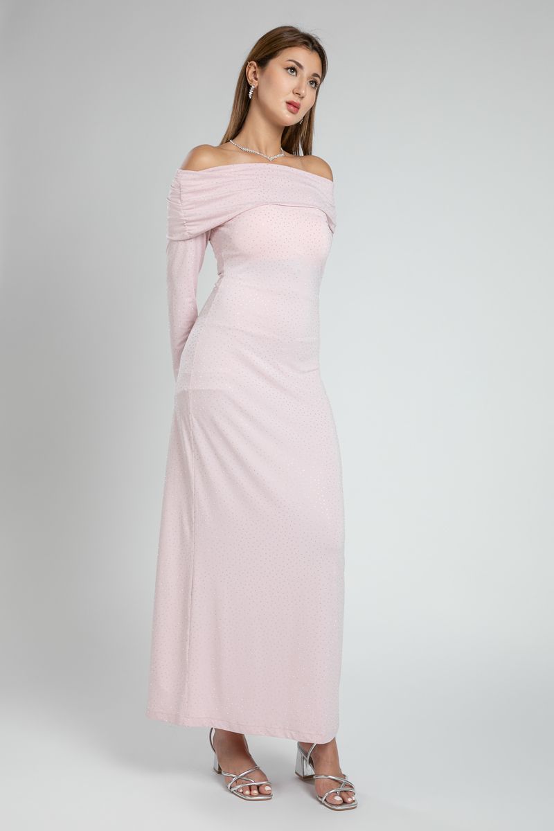 Off Shoulder Evening Maxi Dress with Rhinestones