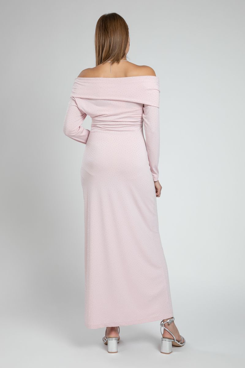 Off Shoulder Evening Maxi Dress with Rhinestones