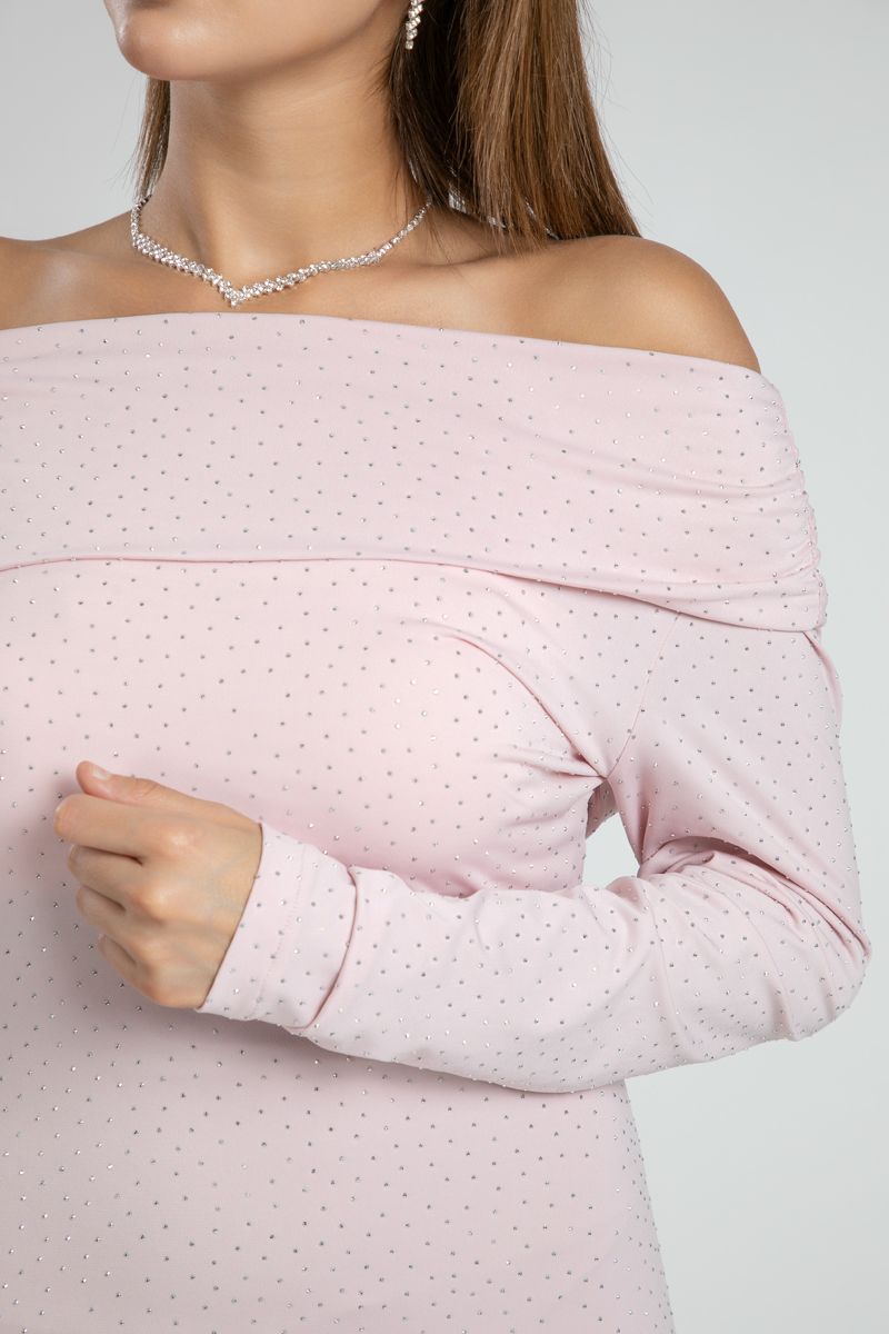 Off Shoulder Evening Maxi Dress with Rhinestones