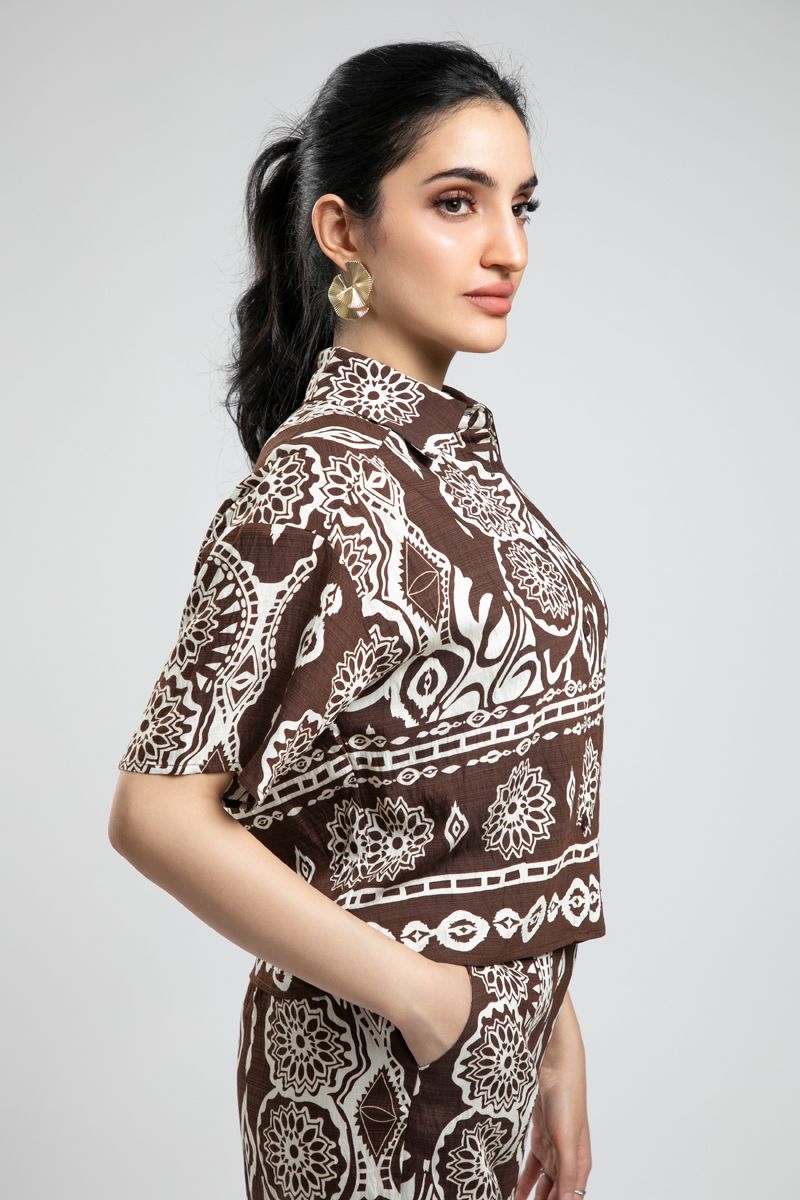 Printed Cropped Shirt with Collar