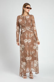 Printed Mesh Maxi Dress with Draped Waist