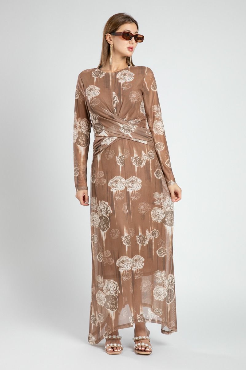 Printed Mesh Maxi Dress with Draped Waist